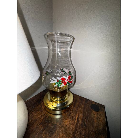 Vintage Brass Hurricane Candle Lamp + 2 Holiday Glass Shades Christmas Decor - Picture 7 of 14